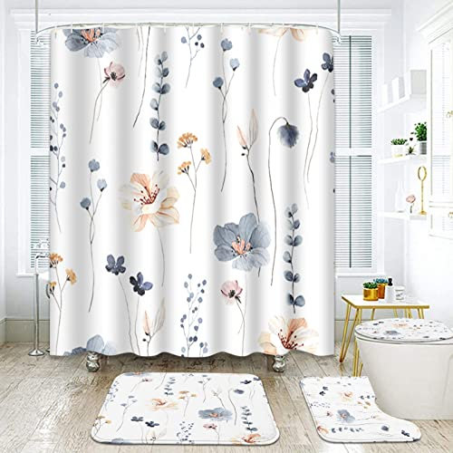 ArtSocket Badezimmer-Set mit Duschvorhang und Teppichen, Blumenmuster, Blumenmuster, Duschvorhang-Set, Wildblumen-Duschvorhang für Badezimmer, Frühlingsblumen, Badezimmerdekoration, 4-teilig