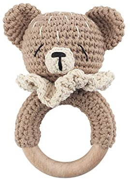 Baby Greifling Rassel Beißring,Tier Gehäkelte Babyrassel Häkeln Holz Greifling Baby Rassel Fuchs Tiger Löwe Hase Baby Montessori Babyspielzeug für Neugeborenes Baby Junge Mädchen Geschenk zur Geburt