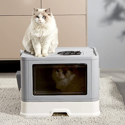 Bac à Litière pour Chat,Grande Maison de Toilette Chat Pliable avec Couvercle,Bac de Tiroir et Pelle à Litière,Portable,WC pour Chats avec Couvercle (48.5 * 36.5 * 38cm PP-Gris)