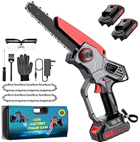 Mini Chainsaw 8 Inch, Cordless Electric Chainsaw with Battery, Battery Chainsaw Handheld for Pruning Trees and Branches Wood Cutting, 2 * 2000mAh Battery, 2 Chain, with Oiler System and Security Lock