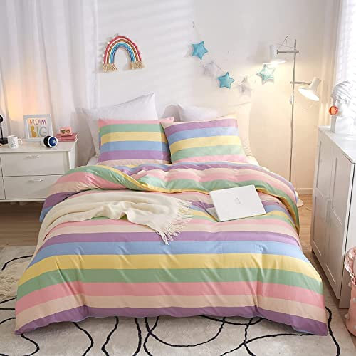 Sacebeleu Bettwäsche 200x200cm Mädchen Kinder Bunt Gestreift Regenbogen Teens Doppelbett Bettwäsche Set aus Mikrofaser,1 Bettbezug und 2 Kissenbezug 80x80cm mit Reißverschluss
