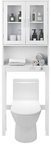 LIFEZEAL Estantería sobre Inodoro, Armario con 2 Puertas de Vidrio Esmerilado, Mueble de baño con Estante Ajustable, 57,5X 18,5 x 163 CM, Blanco