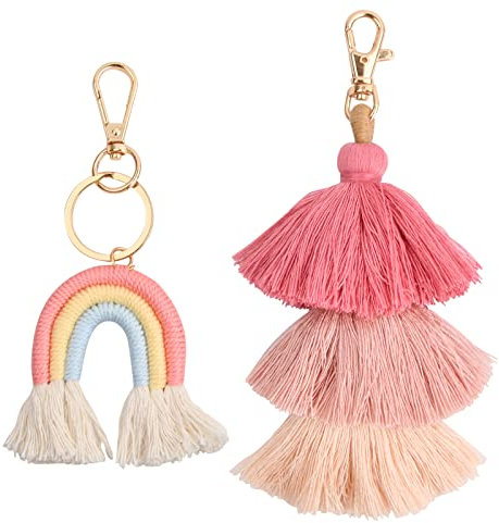 Vesaneae 2 Stück Boho Regenbogen Schlüsselanhänger, Pom Pom Quaste Tasche Charm, Makramee Weben Regenbogen Quaste Schlüsselanhänger Regenbogen, Tasche Anhänger Keychain für Frauen Mädchen, Rosa