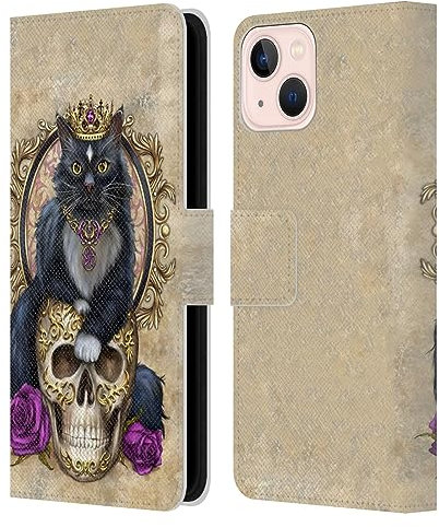 Head Case Designs sous Licence Officielle Selina Fenech Chat Gothique sur Crâne Et Roses Art Étui Portefeuille en Cuir Compatible avec Apple iPhone 13