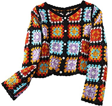 Women's Crochet Button Down Cardigan Knit Sweater Long Sleeve V Neck Hollow Out Jumper Beach Floral Cover Up (Black Square, One Size)