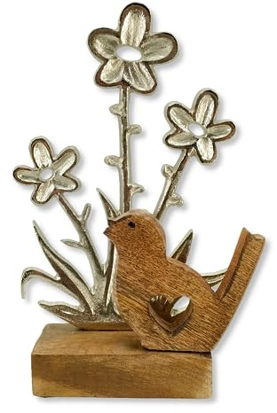 Holz und Metall Vogel Natur mit Blumen 14 x 23cm Tisch-Deko Wohndekoration Aufstelldeko Vögelchen Blümchen