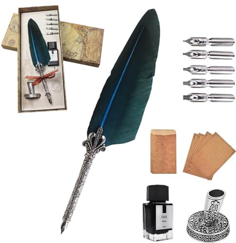 AOMAYLL Feather Pen Ink Set, Vintage Dip Pen, Calligraphy Pen with 5 Nibs and Black Ink, Perfect for Calligraphy Beginners (with Ink)