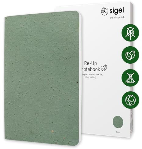 SIGEL RU103 veganes Notizbuch A5 liniert aus Kaffee/Baumwollresten, dickes 100 g Papier, NCP-Award: nachhaltig, frei von Plastik und Chemikalien, 100 Seiten, Re-Up Notizheft Geschenkbuch grün