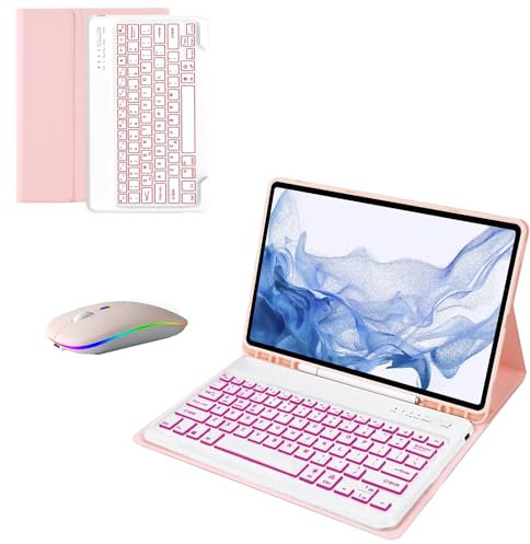 Keyboard Case for Samsung Galaxy Tab S9+ Plus/S9 FE+ Plus 12.4 Inch, 7 Color Backlit Keyboard with Pen Holder, LED Rechargeable Silent Mouse,Pink