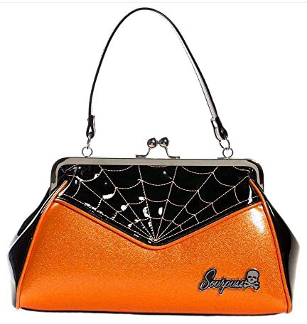 hotrodspirit - Handtasche Spinnennetz, Orange, Pailletten, Rock Roll, Damen, Pin-Up, Schwarz , Einheitsgröße