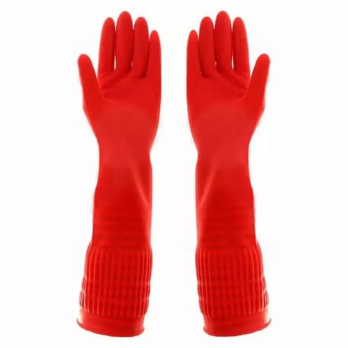 3 Pair Heavy Duty Rubber Gloves with Extra Long Cuffs, Durable Kitchen Gloves with Non-slip Grip, Resistant to Elbow Scratches, Non-slip Corrosion Resistant, Suitable for Housework Cleaning (Red, L)
