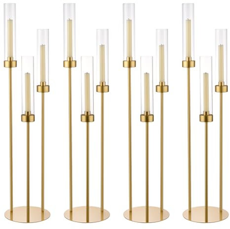 Vincidern 4pcs Gold Candelabra 3 Arm Taper Candle Holders with Acrylic Lampshade, 33.8'' Tall Candelabra Centerpiece for Table, Wedding, Party, Events Decorations, Candlestick Holders Fit LED Candles