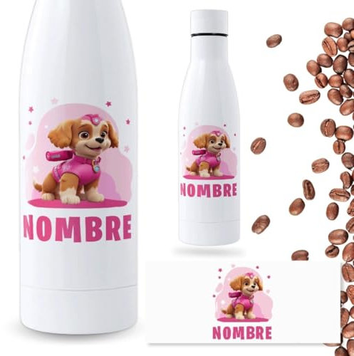 DEREGALOOS Botella Personalizada Patrulla | Botella de Agua Acero Inoxidable Térmica de Doble Capa | Libre de BPA y Reutilizable | Botellas de Agua para niños (SKYE, 500 ML)