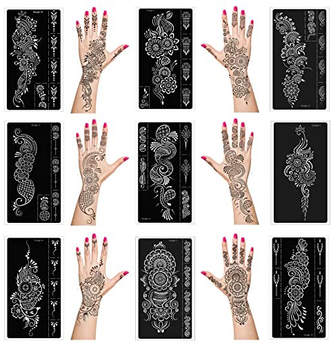 Kit de plantillas de tatuaje de henna, plantillas de tatuajes temporales, reutilizables, kit de tatuaje de henna para mano, antebrazo, aerógrafo, tatuaje temporal, calcomanías indias
