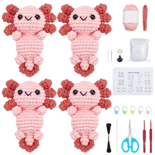 FREEBLOSS 4 SET Häkel Salamander Set Häkel Stofftier Set Salamander DIY Stofftier Garn Stricken Bastelbedarf Häkel Set Für Anfänger Mit Video Tutorial Häkel Starter Set