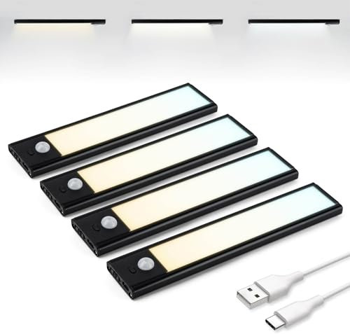 Brendz Schranklicht mit Bewegungsmelder, Kleiderschrank Beleuchtung, 4 x 20cm, 3 Farbtemperaturen, Aufladbar, Dimmbare Schrankbeleuchtung, Led Lichtleiste Kabellos, Schwarz