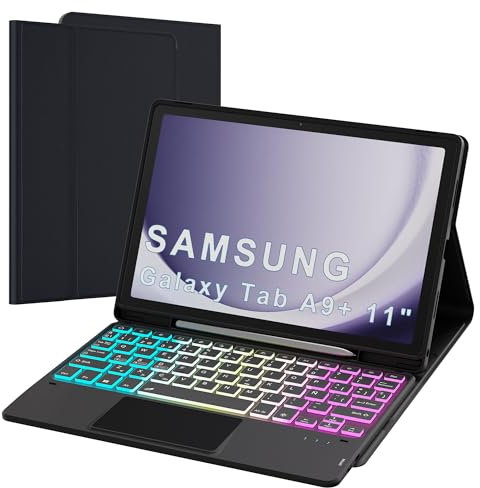 Funda con teclado para Samsung Galaxy Tab A9+ Plus 2023 11: Teclado retroiluminado de 3 zonas y 7 colores con trackpad preciso - Desmontable QWERTY Español Ñ Teclado | con soporte para bolígrafo