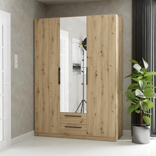 Forte CADIXO Kleiderschrank 150, moderner 3-türiger Schrank, Holzwerkstoff, Schlafzimmer, Jugendzimmer, Stauraum, Artisan Eiche Holzdekor mit Spiegel, 150,6 cm breit x 212,9 cm hoch x 58,9 cm tief