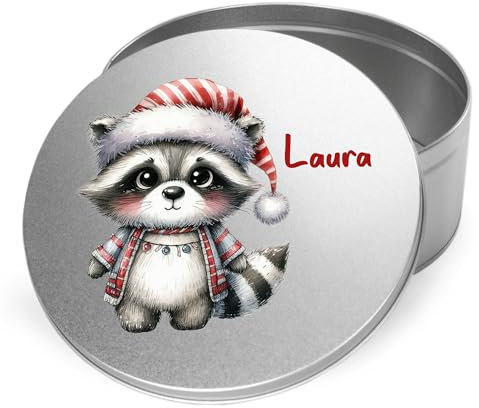 GRAZDesign Personalisierte Keksdose Weihnachten mit Waschbär und Name, Geschenkidee für Kinder, runde Plätzchendose aus Metall, Weihnachtsdeko mit Tiermotiv