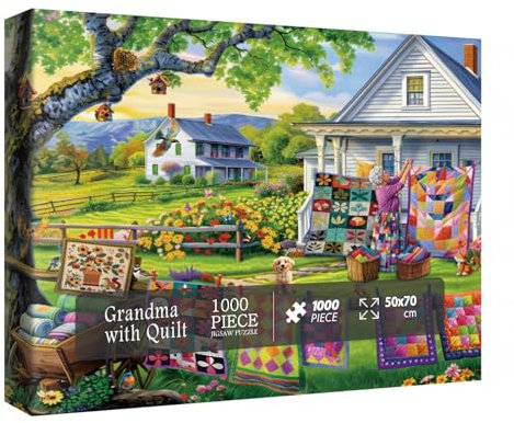 Colorful Quilts Puzzles for Adults 1000 Pieces, Cozy Grandma Garden Jigsaw Puzzles, Pretty Cat Flower Puzzles