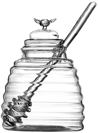 500ml Glas Honigtopf, Glas Honigspender mit Honiglöffel und Deckel, Honiglöffel Stab und Glas Set, Transparentes Glas Honigglas für Sirup Bienenstock Küche Speicherung