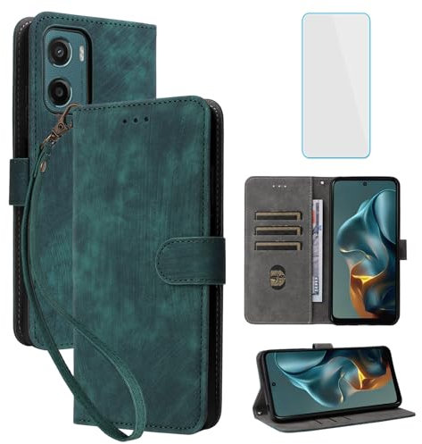 IUQXU Cover per Motorola Moto E15/Moto G05 Libro con Pellicola Vetro Temperato [Blocco RFID] Antiurto Supporto Custodia in Pelle Portafoglio per Motorola E 15 G 05 Moto G o5 MotoGo5 Verde