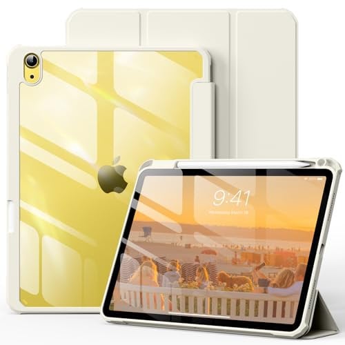 KVTVOU Case for iPad (A16) 11th / 10th Generation 2025/2022 10.9 Inch with Pencil Holder, Clear Hard Back Cover, Trifold Stand Slim Protective Case for iPad 11th/10th Gen, Auto Wake/Sleep, Cream White