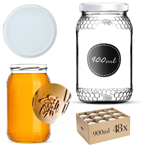 KADAX Lot de 48 bocaux à miel, 900 ml, avec couvercle à visser fi82 mm, pour le miel, les pots à confiture, blancs