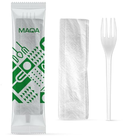 MAQA 100 Kit Forchetta Riutilizzabile in CPLA + Tovagliolo 2 Veli – Imbustati Singolarmente – Compostabili e Certificati per Uso Alimentare – Ideali per Catering, Take Away, Eventi e Uffici