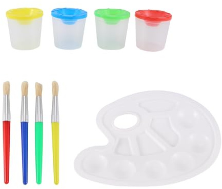Agwuoetr 9 Pcs No Spill Paint Cups Set with Paint Brushes and Paint Tray Palette, Paint Cups with Lids for Kids Art Painting