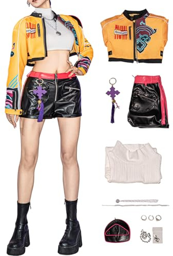 OSIAS Women Rumi Cosplay Costume With Leather Stretch Shorts and Padded Shoulder Jacket