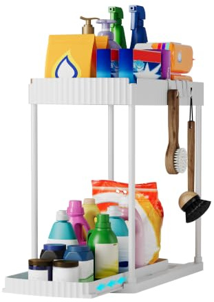 FLOWCASA Organizer per lavello estraibile, 2 livelli, bianco | Organizer per armadio da cucina con ripiano estensibile, 5 ganci e mensola sottolavello, per cucina e bagno.