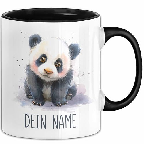 Panda Tasse mit Namen – Süße Personalisierte Kaffeebecher Geschenk Tiermotiv Becher mit Namen (Schwarz)