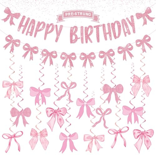 Décoration Anniversaire Rose avec Nœud – Banderole “Happy Birthday” Pailletée, Guirlande à Nœuds Roses & Suspensions Tourbillons, Décorations de Fête Brillantes & Thème Élégant pour Fille ou Femme