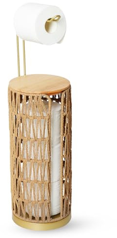 Rayofly Porte-rouleau de Papier Toilette sur Pied avec Étagère, Rangement pour Papier Toilet en Rotin, Porte-rouleau de Toilette sur Pied de Salle de Bain, Porte-rouleau de Toilet Doré pour 4 Rouleaux