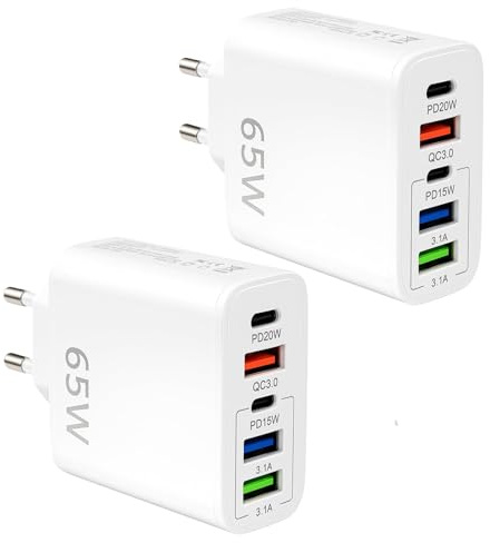 Lot 2 Chargeurs USB C 65W 5 Ports, 2 USB-C PD, 3 USB-A QC3.0 Adaptateur | Prise USB multiple Compatible avec iPhone 17 16 15 14 Galaxy téléphone tablette écouteurs montre bureau maison voyage