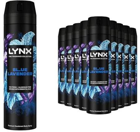 Lynx Fine Fragrance Collection Blue Lavender Premium Body Spray 200ml, 12 Pack - 72H Odour Protection Deodorant Aerosol, Infused with Essential Oils & Long-lasting Scents