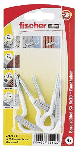 fischer 052112 Spreizdübel HR K SB-Karte, Inhalt Dübel SX 6 x 30, 4 x Rundhaken 4 x 65 weiß, nylonbeschichtet