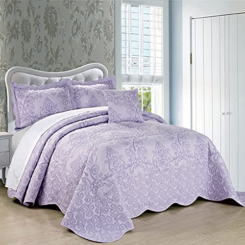 Home Soft Things Damask 4 Piece Bedspread Set,Scalloped Edge Reversible Quilt Coverlet Comforter Prewashed Bedding Set, Matelasse Embossed Floral Solid Pattern,Lavender Fog Oversize King(120 x 120)