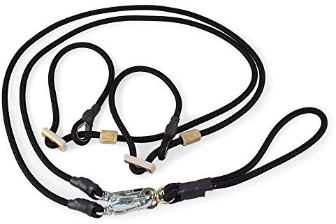 Doppelleine Moxonleine für Zwei Hunde gleichzeitig | Retrieverleine mit Zugstopp (schwarz)