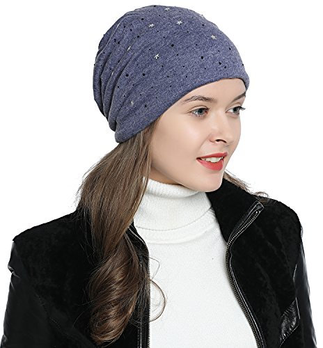 DonDon Mütze Damen Wintermütze Slouch Beanie gefüttert mit schwarzem Strass blau