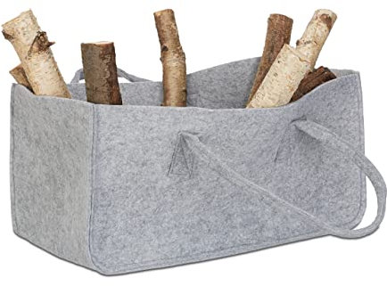 Relaxdays Kaminholztasche aus Filz, tragbarer Feuerholzkorb, faltbarer Zeitungshalter HxBxT: 25 x 25 x 50 cm, grau