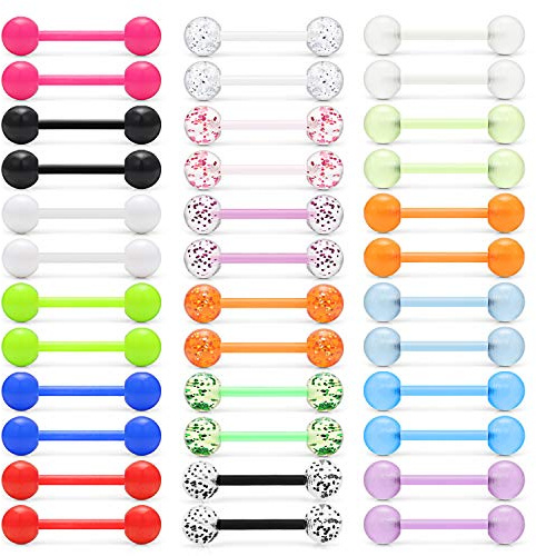 Lcolyoli 36Pcs 14G Glow in Dark Flexible Bioflex Acrylic Straight Tongue Barbell Nipple Ring Nipplerings Retainer Piercing Jewelry for Women Men 16mm Bar