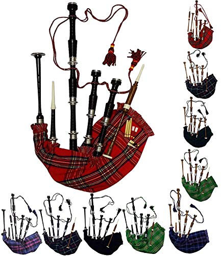 Schottischer Dudelsack in voller Größe, Palisanderholz oder braunes Finish mit silberfarbenen Halterungen, inklusive Anleitungsbuch, Tragetasche, Drohne, Schilfrohr (schwarz, Royal Stewart)