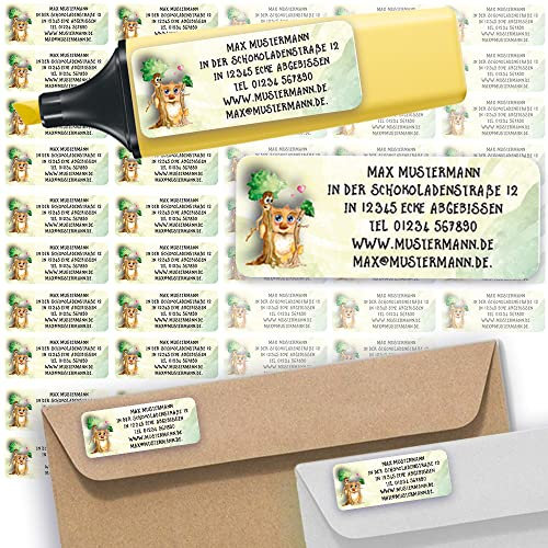 Adress-Etiketten - Adress-Aufkleber Sticker Namensaufkleber mit Ihrem Wunschtext 57x 23mm, für 1 bis 5 Zeilen Text - 45 Stück 45 Hintergründe zur Auswahl (05 Baum Sunny die Eule)