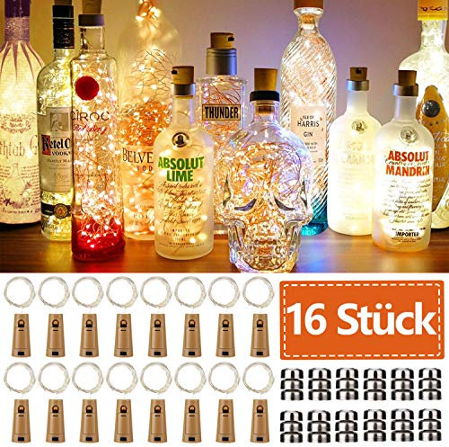 JRing 16 Stück Flaschen-Licht 20 LEDs 2M Flaschenlicht Warmweiß Lichterkette korken Stimmungslichter Weinflasche Nacht Licht für Flasche DIY, Party, Garten, Weihnachten, Halloween, Hochzeit Deko