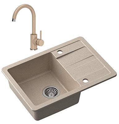 VBChome Spülbecken mit Armatur Beige 62 x 44 cm Granit Einzelbecken Einbauspüle Abtroffläche gesprenkelt reversibel Verbundspüle Küchenarmatur + Siphon + Spülmittelspender