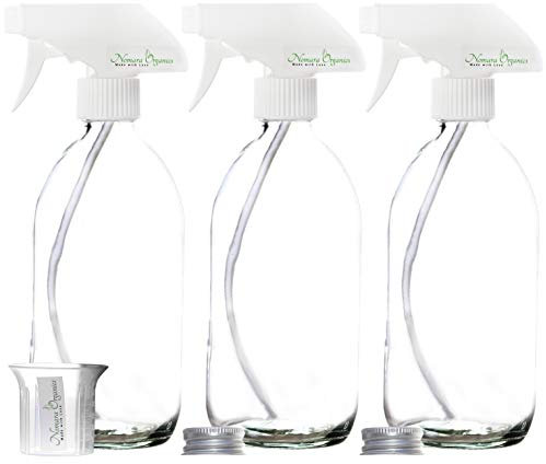 Nomara Organics Clear Glass Spray Bottles with Durable Pumps – Set of 3 x 500mL, BPA-free, Refillable for Laundry, Ironing, Cleaning, Gardening and Plant Watering.