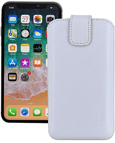 Suncase ECHT Leder Tasche kompatibel mit iPhone 12 Pro (6.1) mit ZUSÄTZLICHER Transparent Hülle | Schale | Silikon Bumper Handytasche (mit Rückzugsfunktion und Magnetverschluss) in Weiss