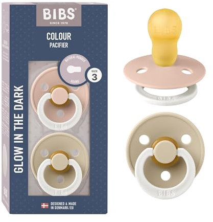 BIBS Colour Glow Schnuller 2er-Pack, BPA-frei. Leuchtet im Dunkeln, Kirschform Nippel. Naturkautschuk/Latex, Hergestellt in Dänemark. 18+ Monate (2er Pack), Blush NIGHT/Vanilla NIGHT